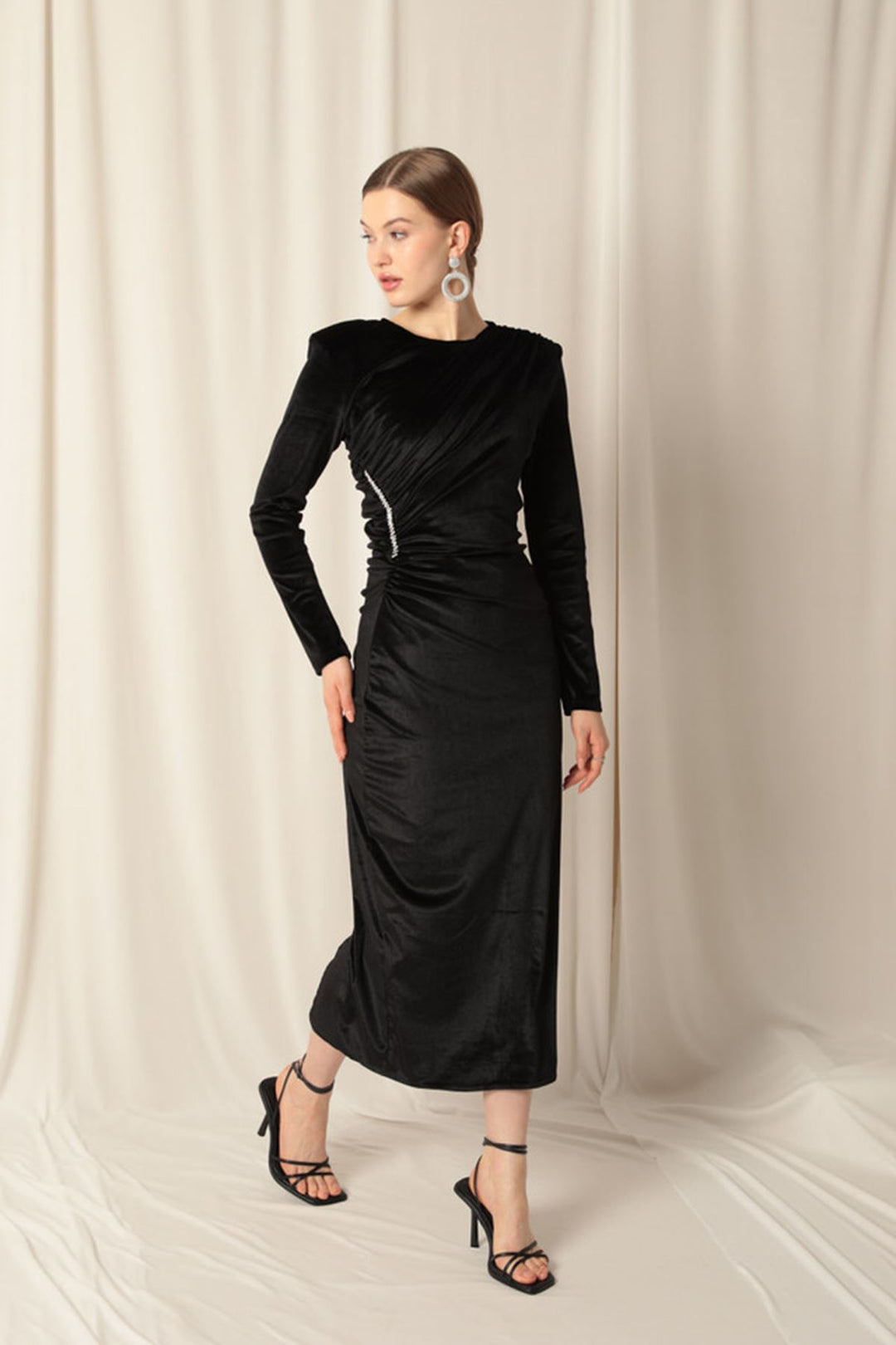 KKT Velvet Fabric Stone Detail Midi Black Dress - Kornwestheim