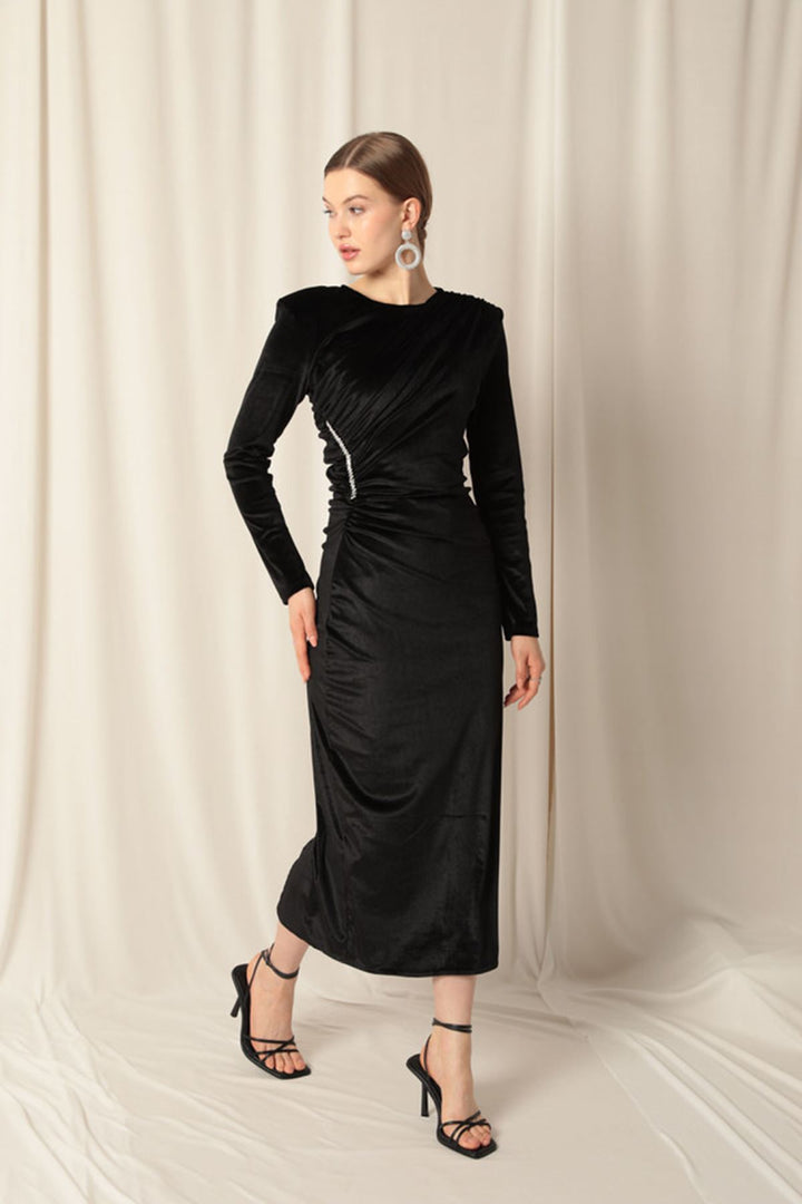 KKT Velvet Fabric Stone Detail Midi Black Dress - Kornwestheim