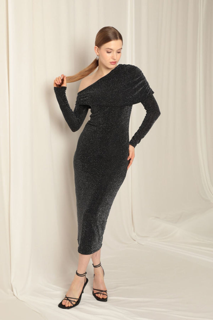 KKT Glittery Fabric Midi Black Dress - Acerra