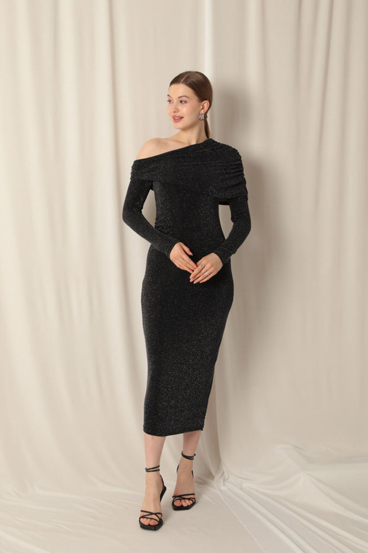 KKT Glittery Fabric Midi Black Dress - Acerra