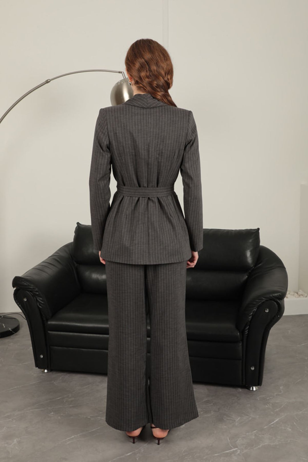 KKT Striped Polyviscon Fabric Women's Suit-Anthracite - Isla