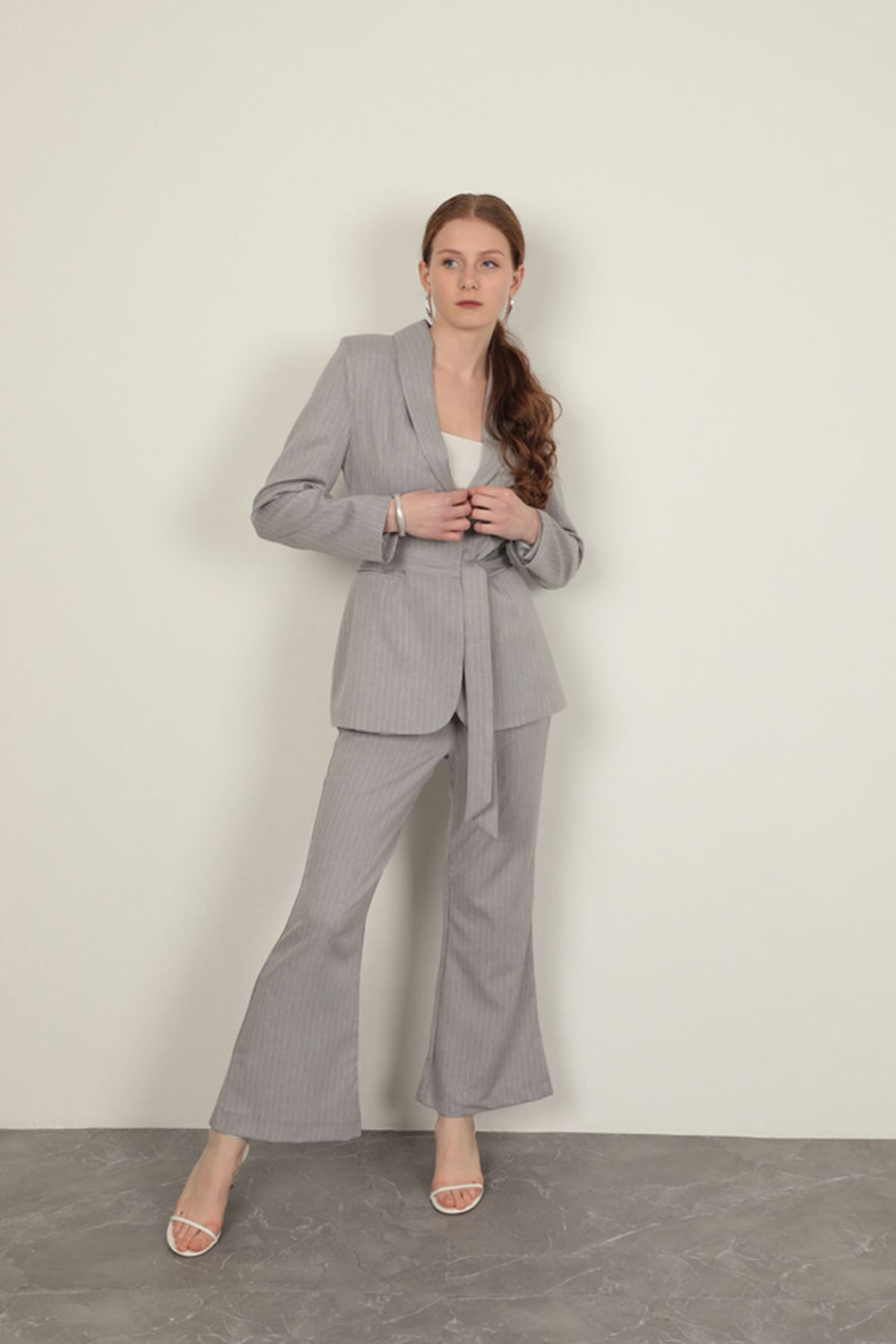 KKT Striped Polyviscon Fabric Women's Suit-Grey - Tejupilco