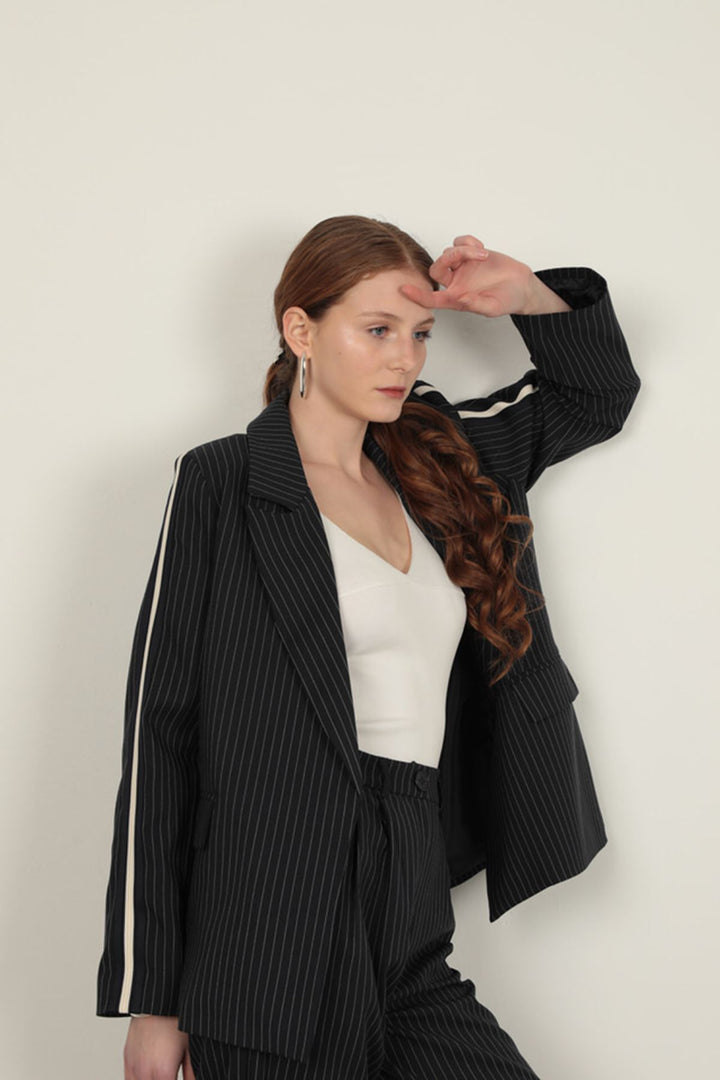KKT Polyviscon Fabric Striped Women's Suit-Navy Blue - Council Bluffs