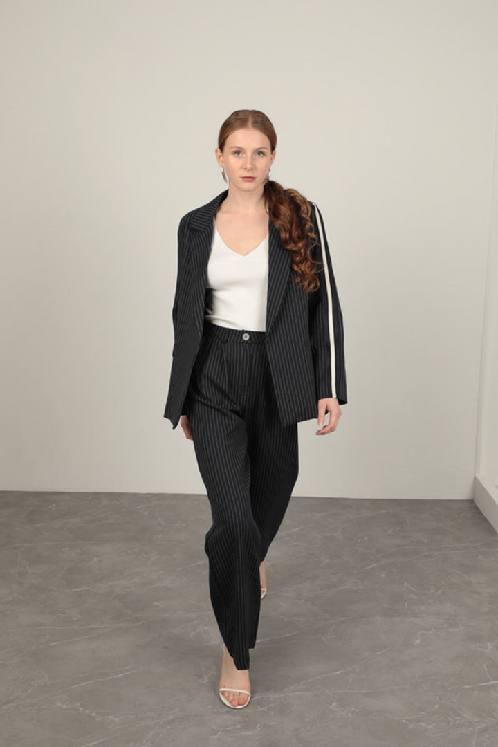 KKT Polyviscon Fabric Striped Women's Suit-Navy Blue - Council Bluffs