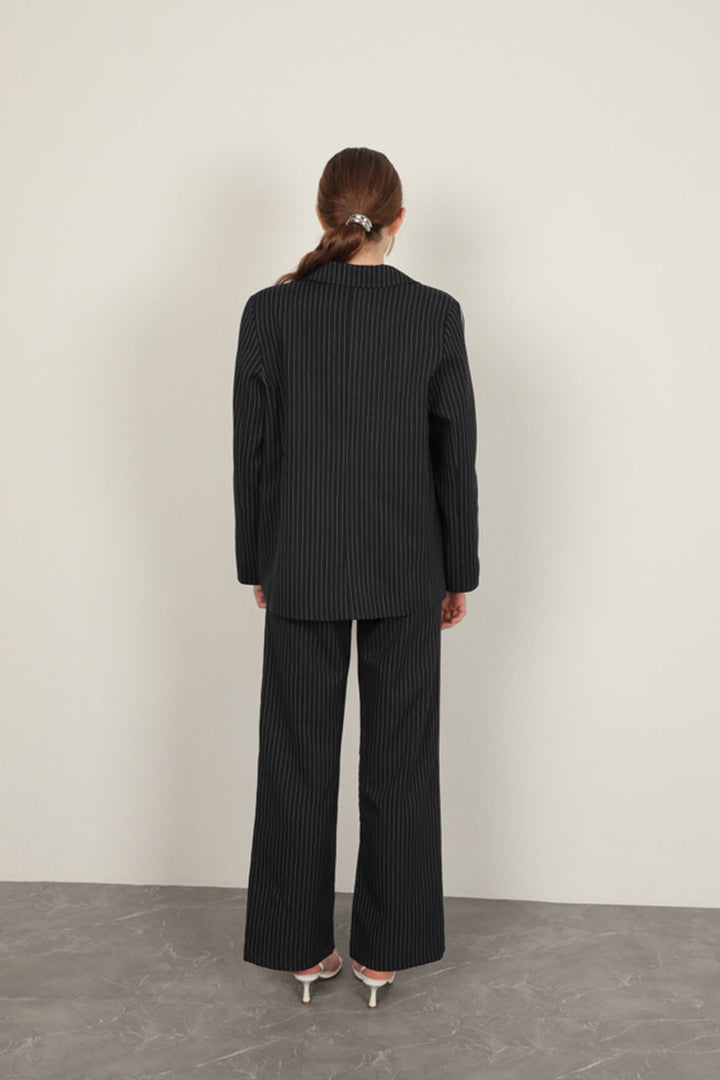 KKT Polyviscon Fabric Striped Women's Suit-Navy Blue - Council Bluffs