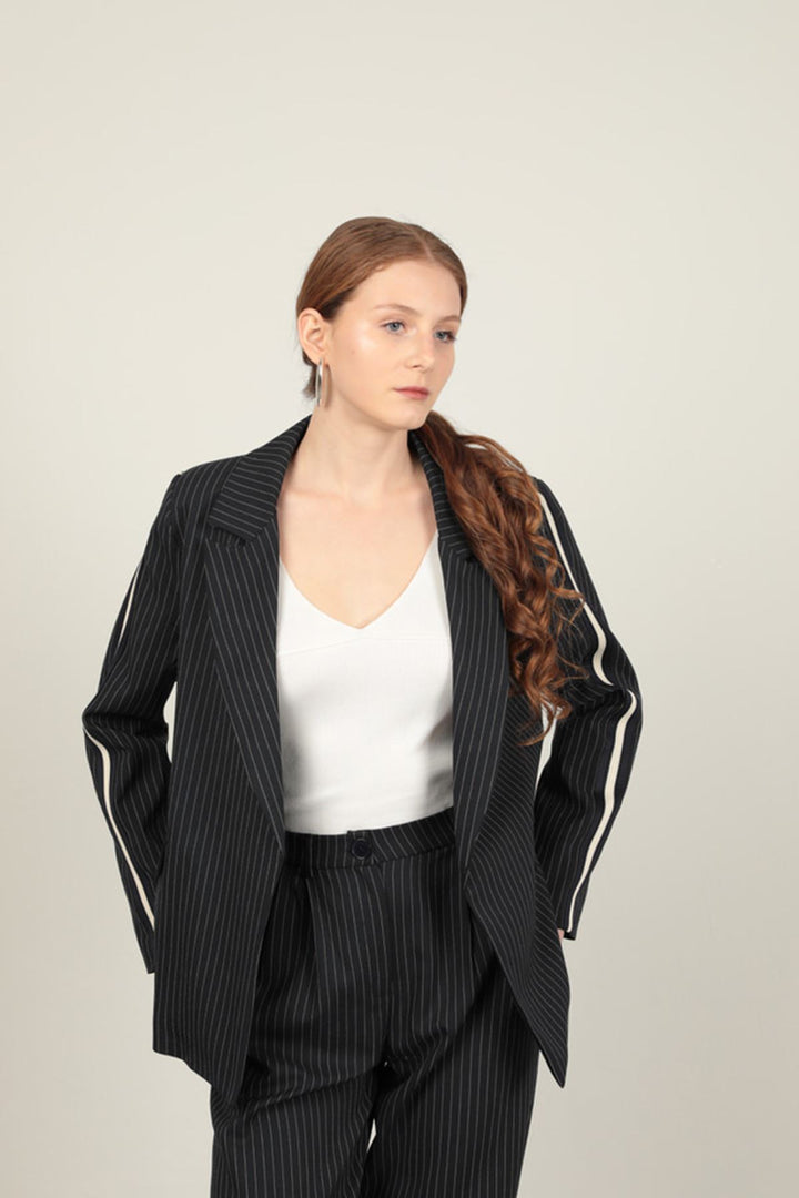 KKT Polyviscon Fabric Striped Women's Suit-Navy Blue - Council Bluffs