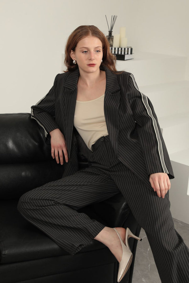 KKT Polyviscon Fabric Striped Women's Suit-Black - Moncton