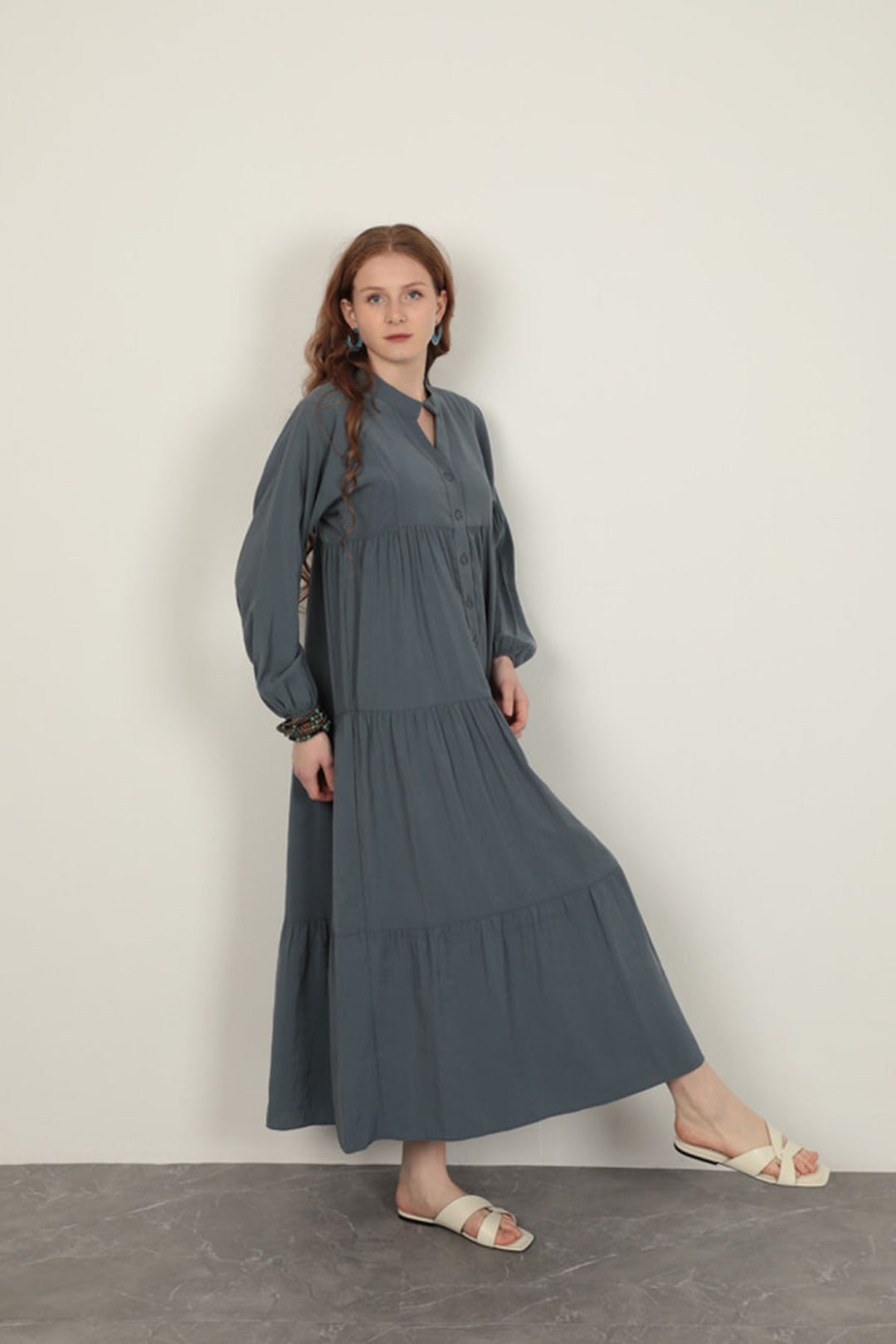 KKT Modal Fabric Elastic Sleeve Indigo Dress - Bedford