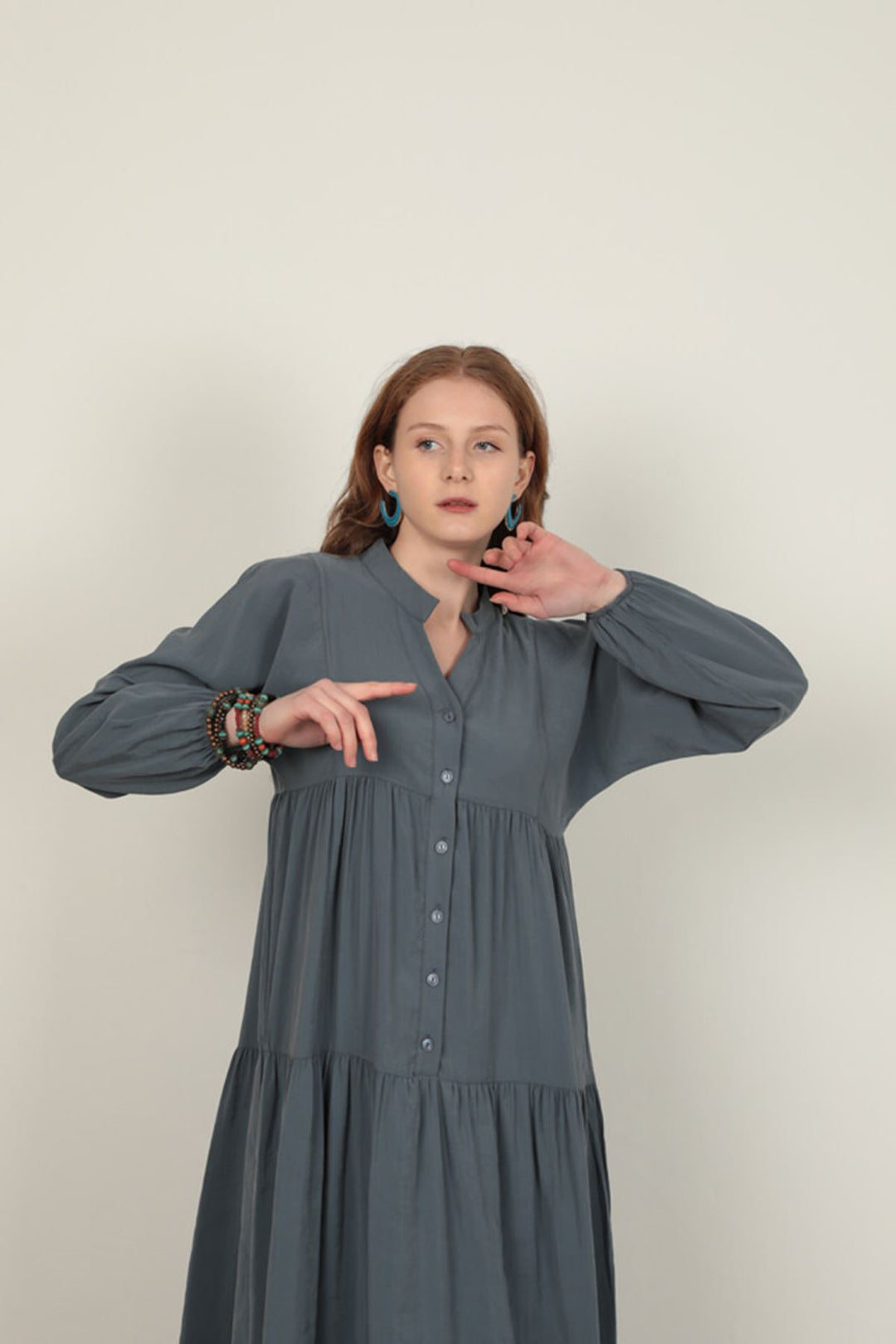 KKT Modal Fabric Elastic Sleeve Indigo Dress - Bedford