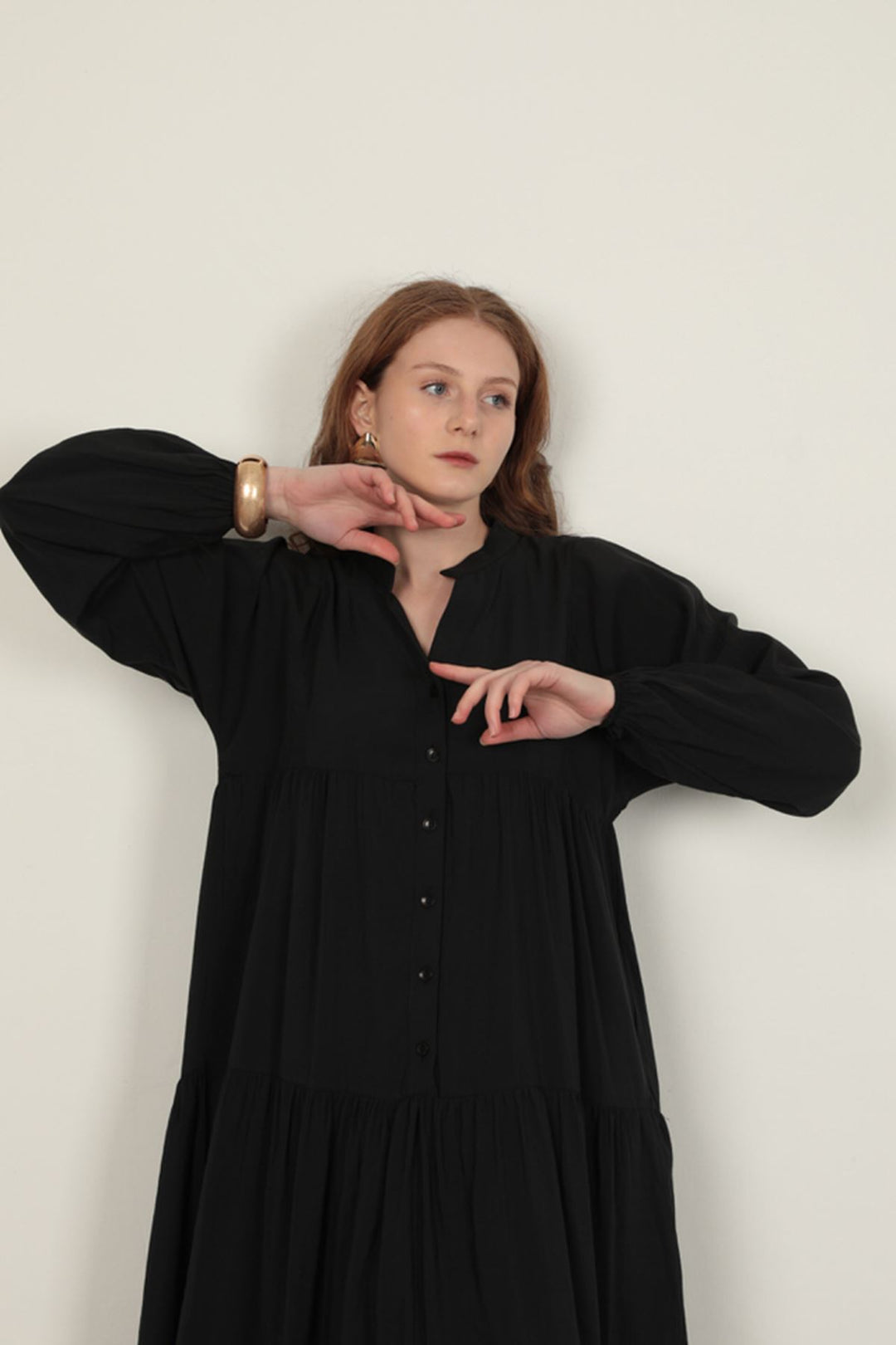 KKT Modal Fabric Elastic Sleeve Black Dress - Stryi