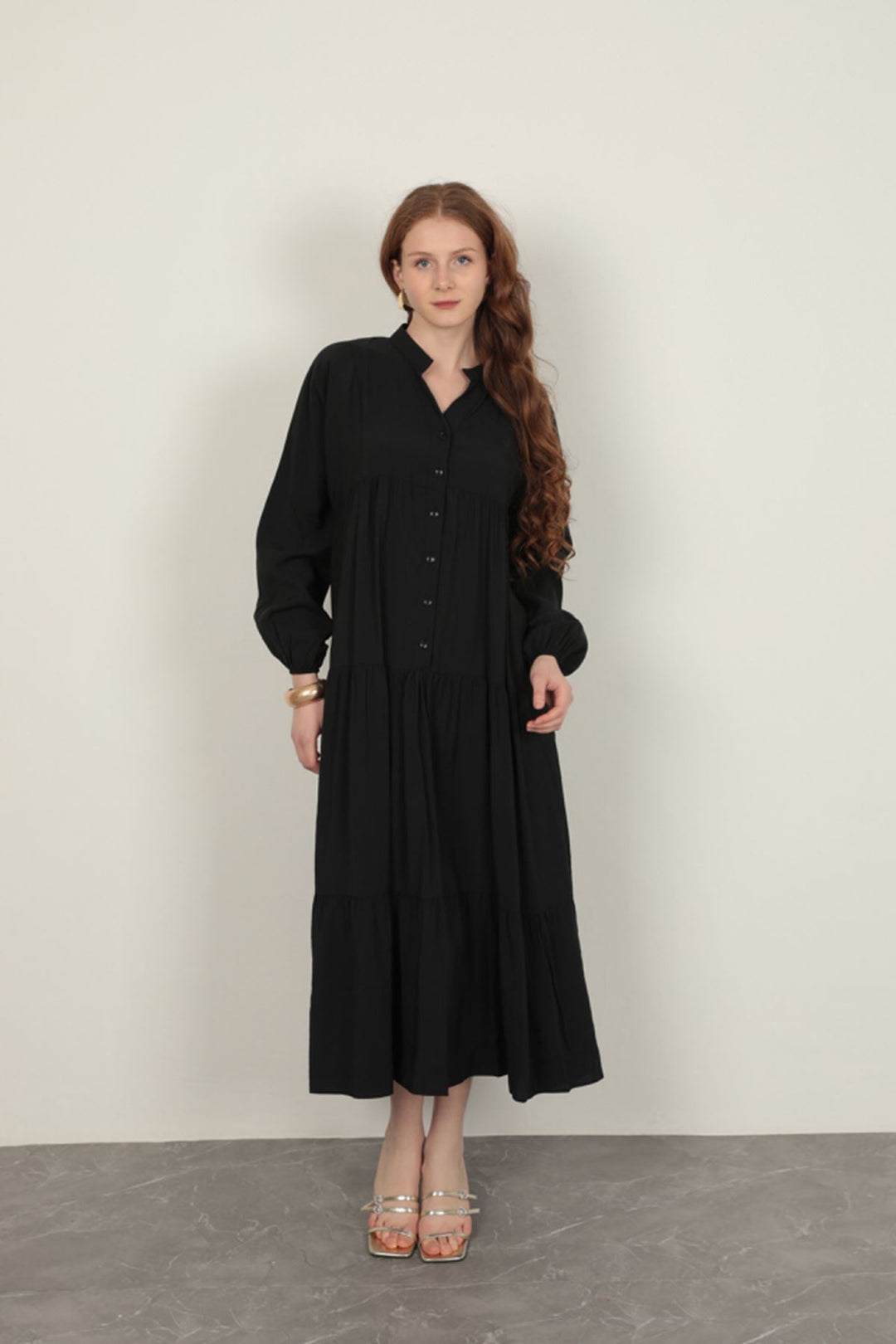 KKT Modal Fabric Elastic Sleeve Black Dress - Stryi