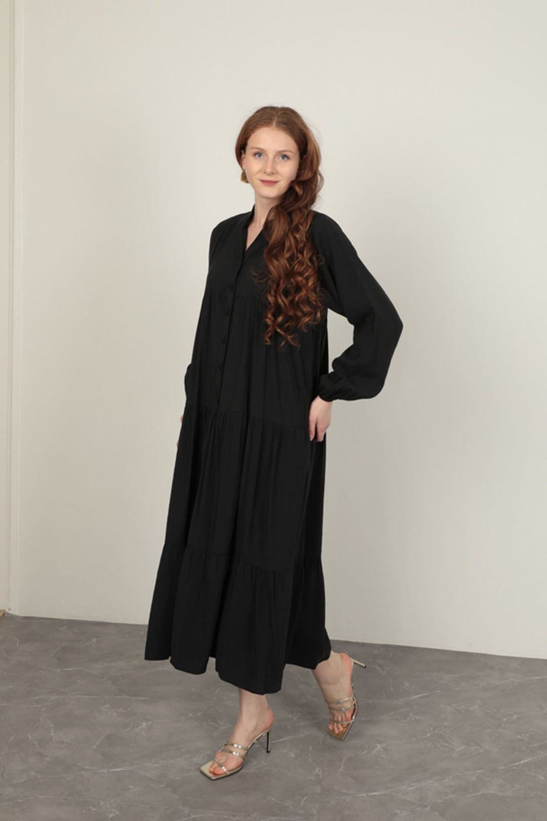 KKT Modal Fabric Elastic Sleeve Black Dress - Stryi