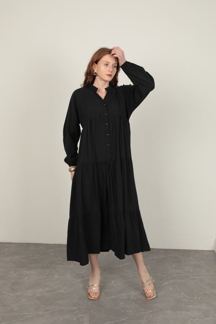 KKT Modal Fabric Elastic Sleeve Black Dress - Stryi