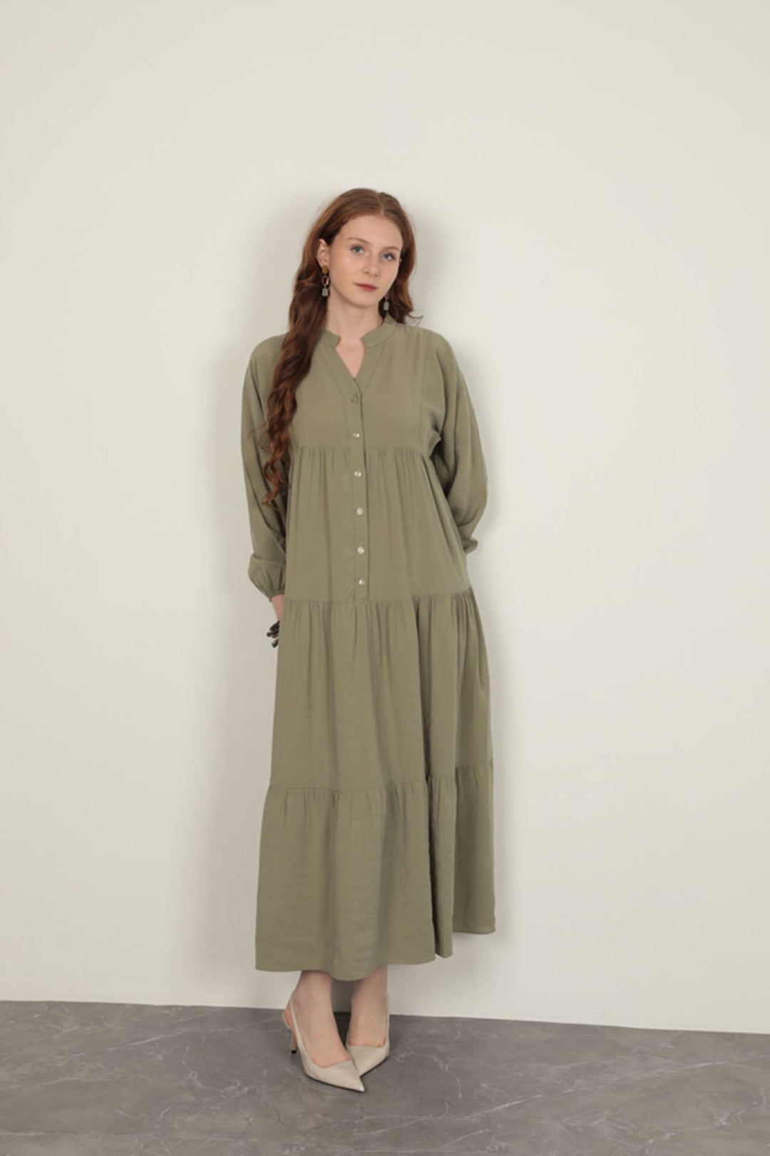KKT Modal Fabric Elastic Sleeve Light Khaki Dress - San Luis Obispo