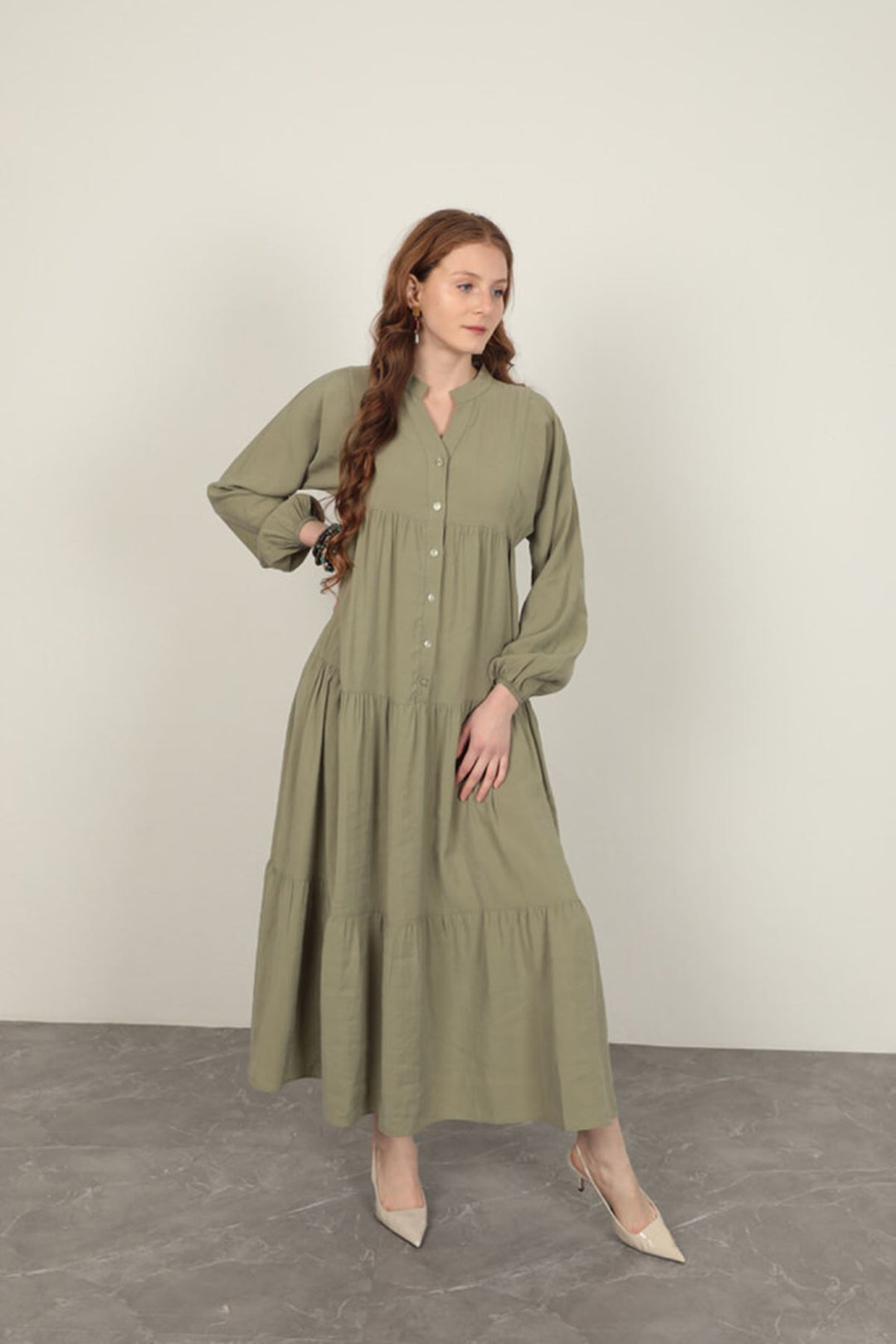 KKT Modal Fabric Elastic Sleeve Light Khaki Dress - San Luis Obispo