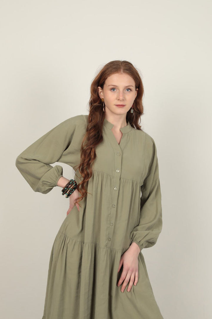 KKT Modal Fabric Elastic Sleeve Light Khaki Dress - San Luis Obispo