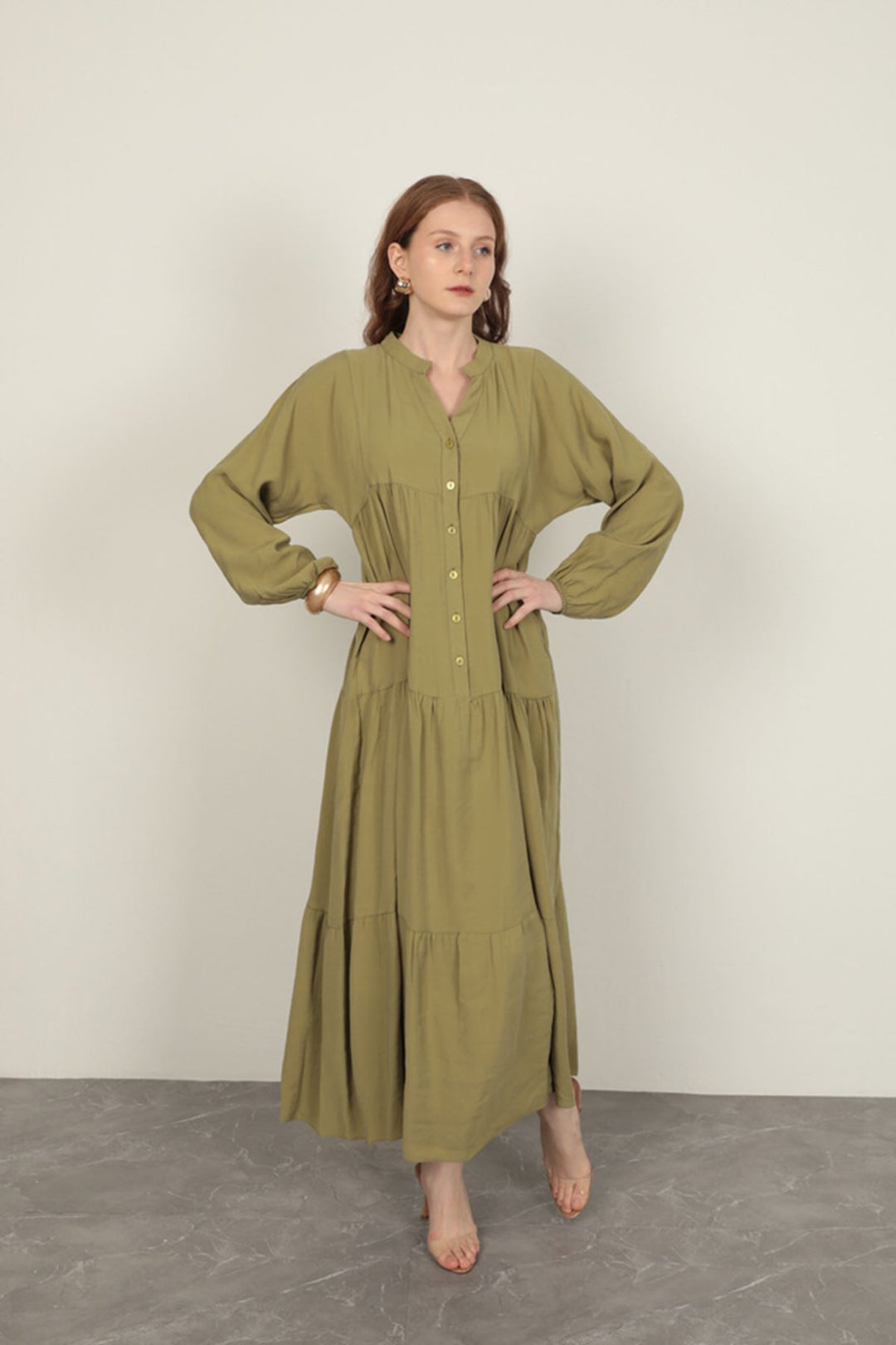 KKT Modal Fabric Elastic Sleeve Dark Khaki Dress - Eau Claire