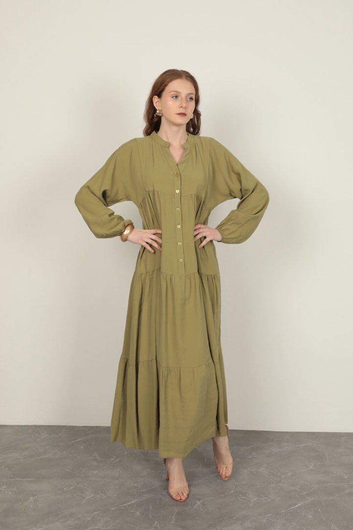 KKT Modal Fabric Elastic Sleeve Dark Khaki Dress - Eau Claire
