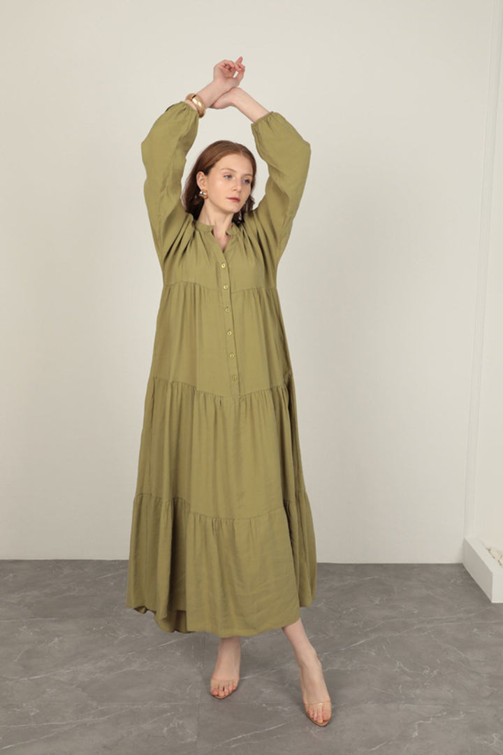 KKT Modal Fabric Elastic Sleeve Dark Khaki Dress - Eau Claire