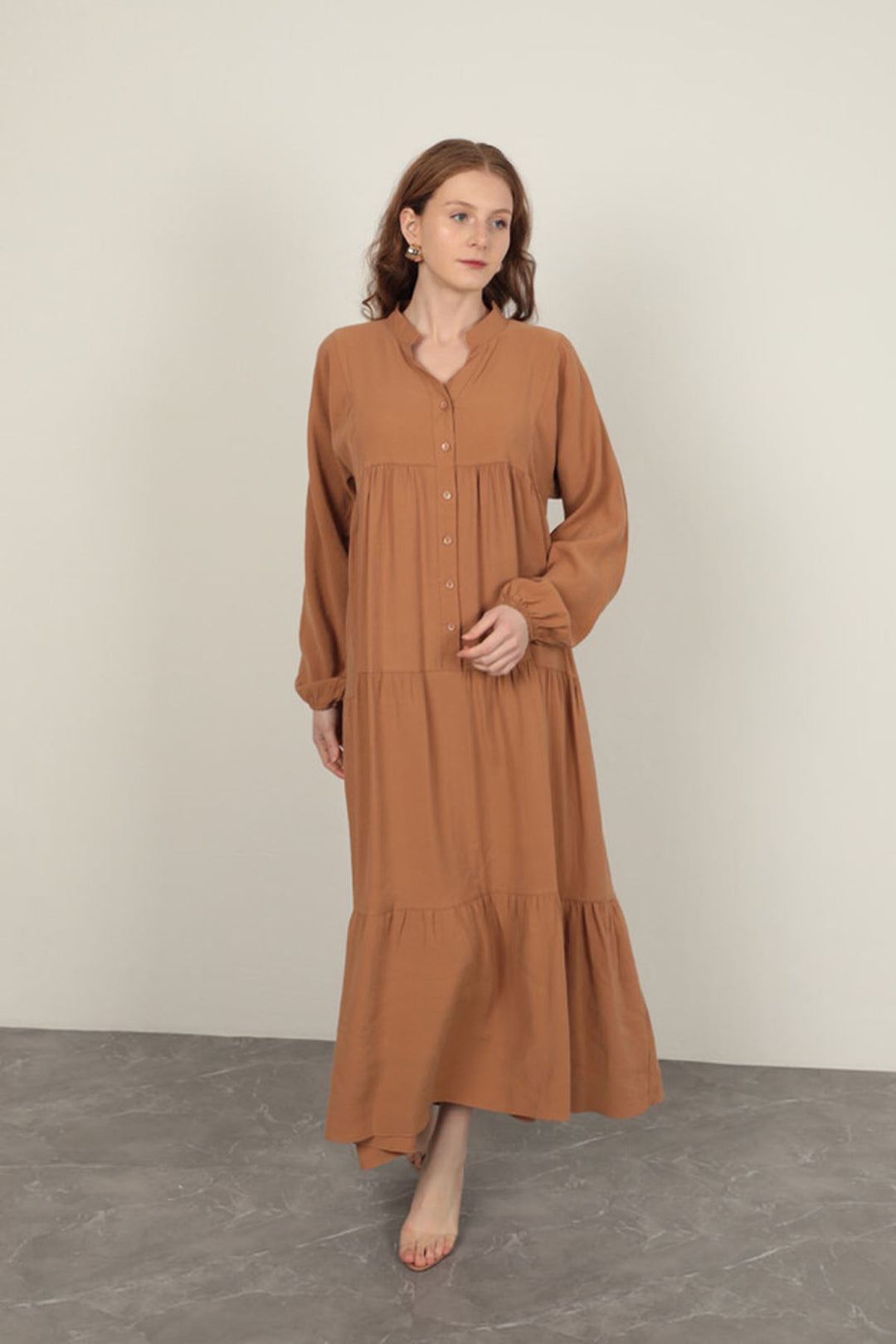 KKT Modal Fabric Elastic Sleeves Tan Dress - Nieuwegein