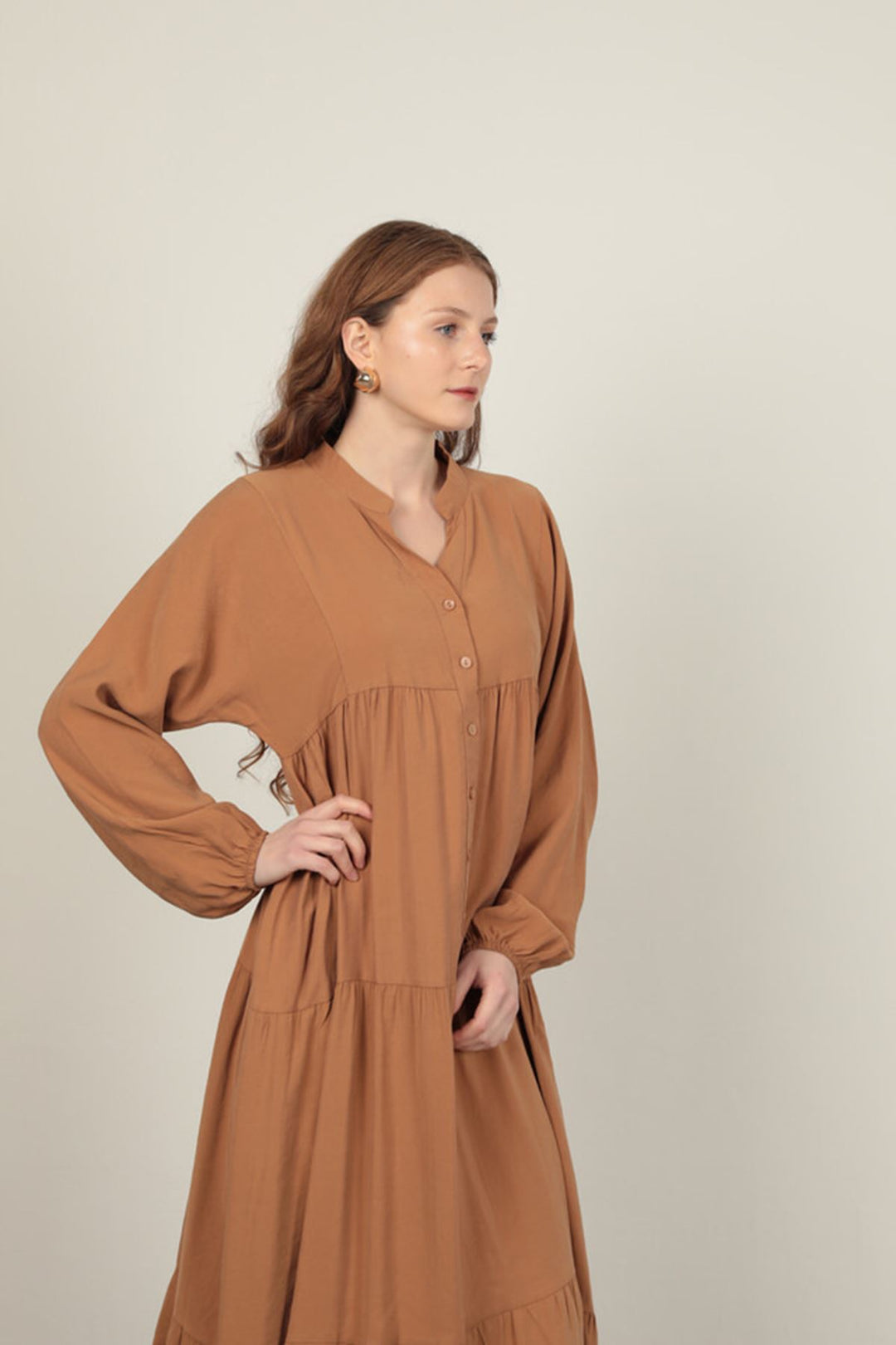 KKT Modal Fabric Elastic Sleeves Tan Dress - Nieuwegein
