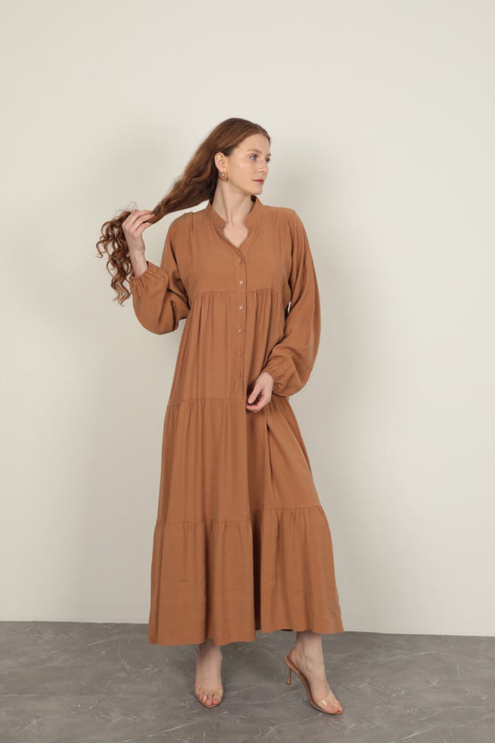 KKT Modal Fabric Elastic Sleeves Tan Dress - Nieuwegein