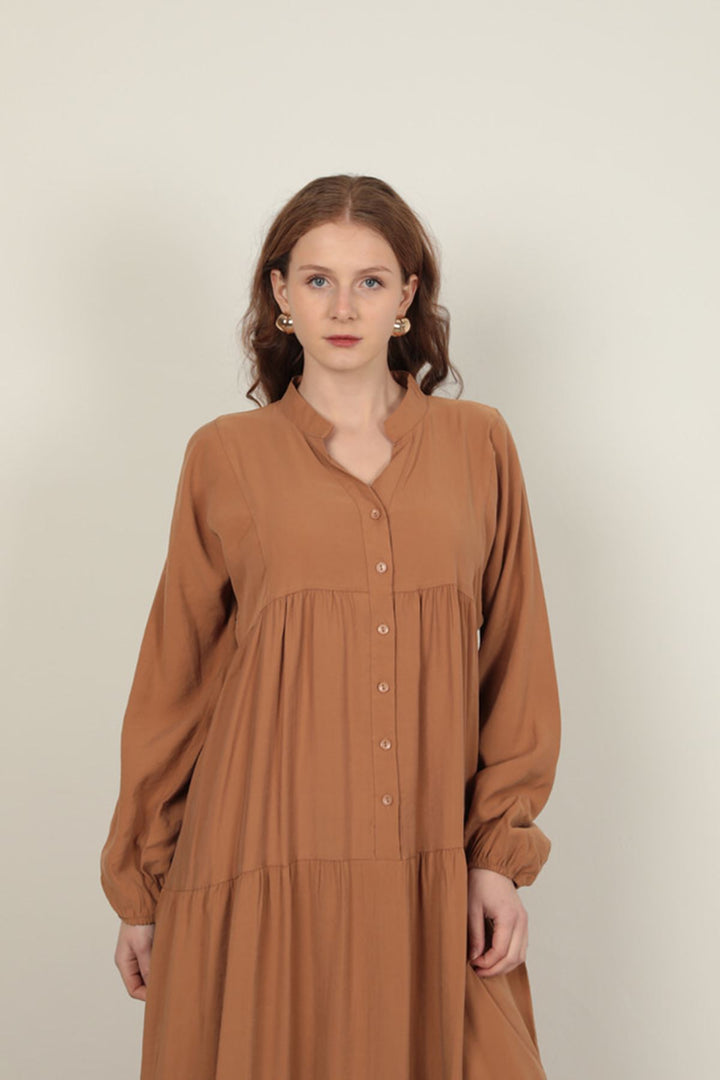 KKT Modal Fabric Elastic Sleeves Tan Dress - Nieuwegein