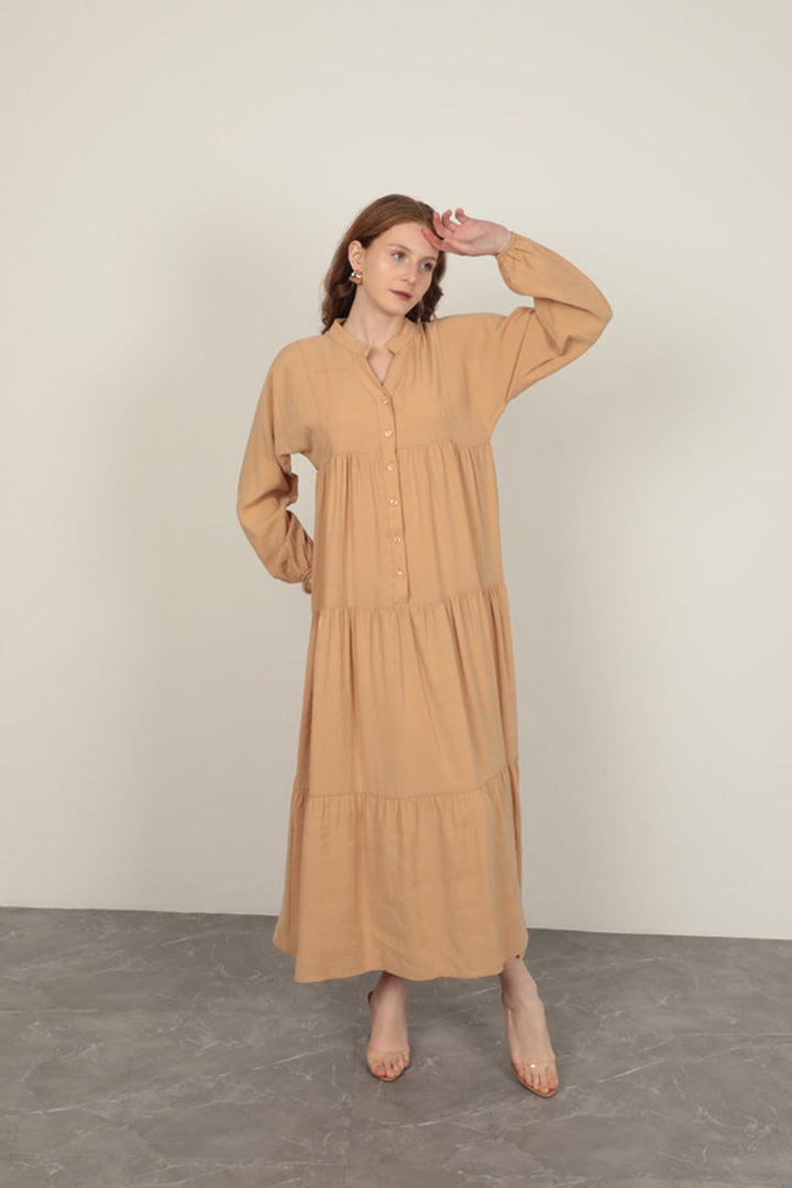 KKT Modal Fabric Elastic Sleeve Beige Dress - Wellington