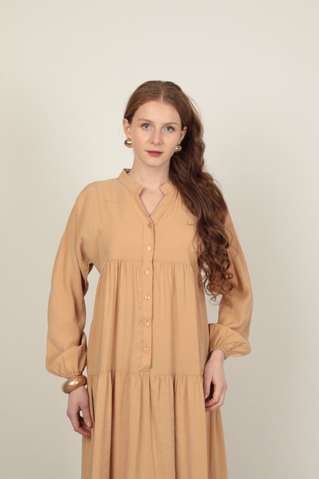 KKT Modal Fabric Elastic Sleeve Beige Dress - Wellington