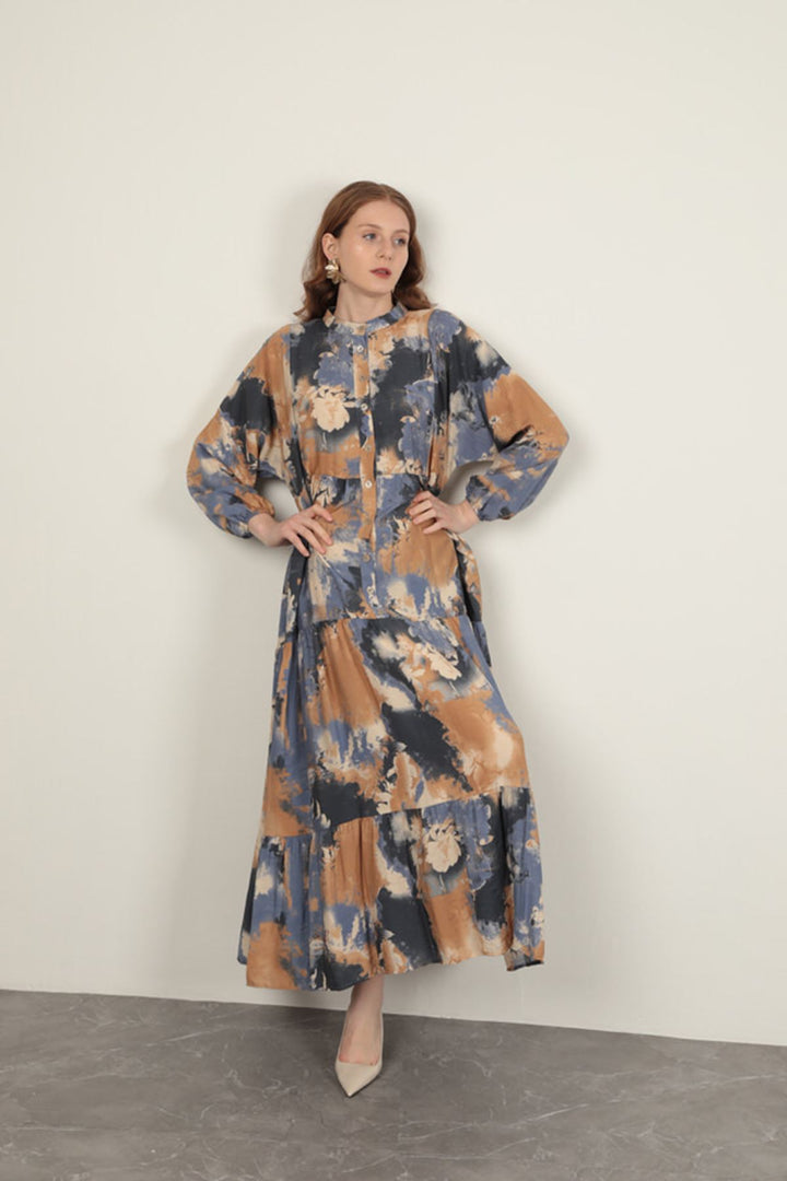 KKT Watercolor Pattern Women Dress-Blue - Oxchuc