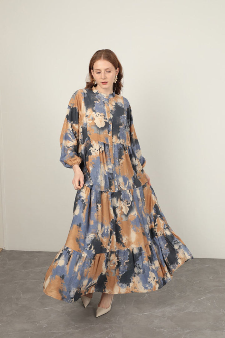 KKT Watercolor Pattern Women Dress-Blue - Oxchuc