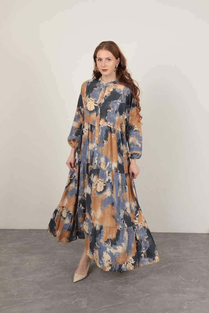 KKT Watercolor Pattern Women Dress-Blue - Oxchuc