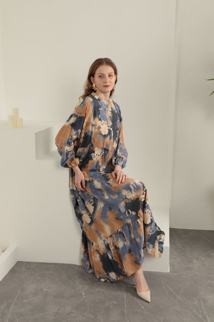 KKT Watercolor Pattern Women Dress-Blue - Oxchuc