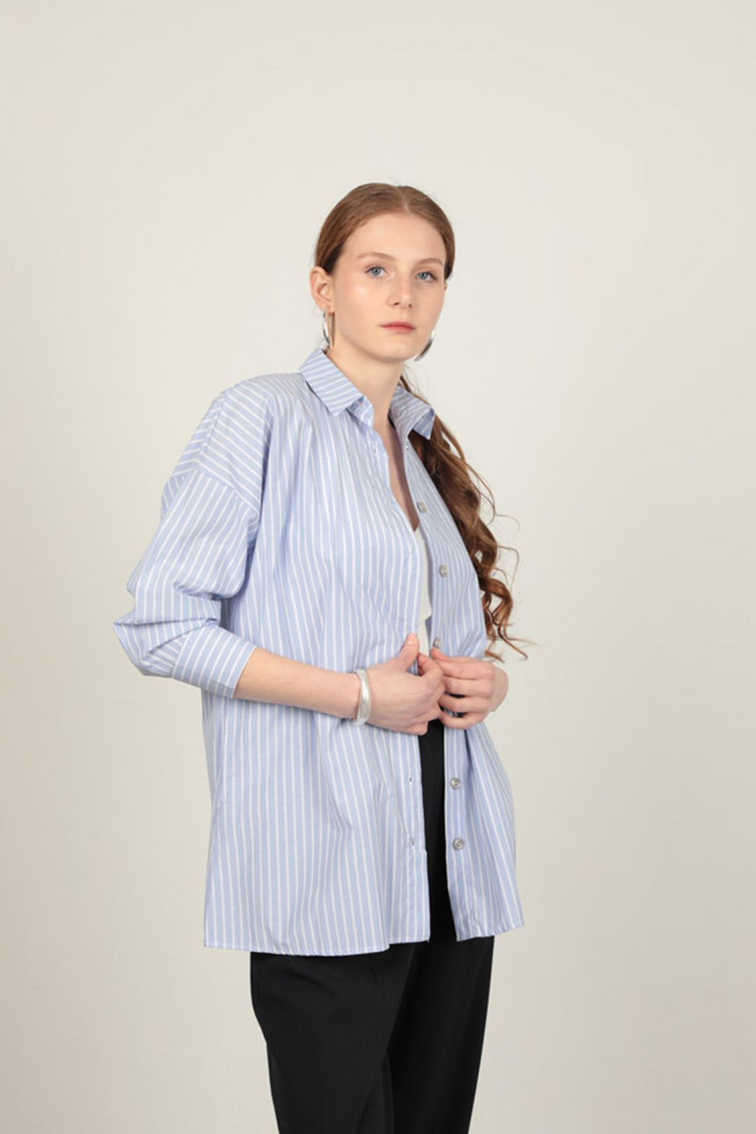 KKT Poplin Fabric Women's Striped Shirt-Blue - Stanton