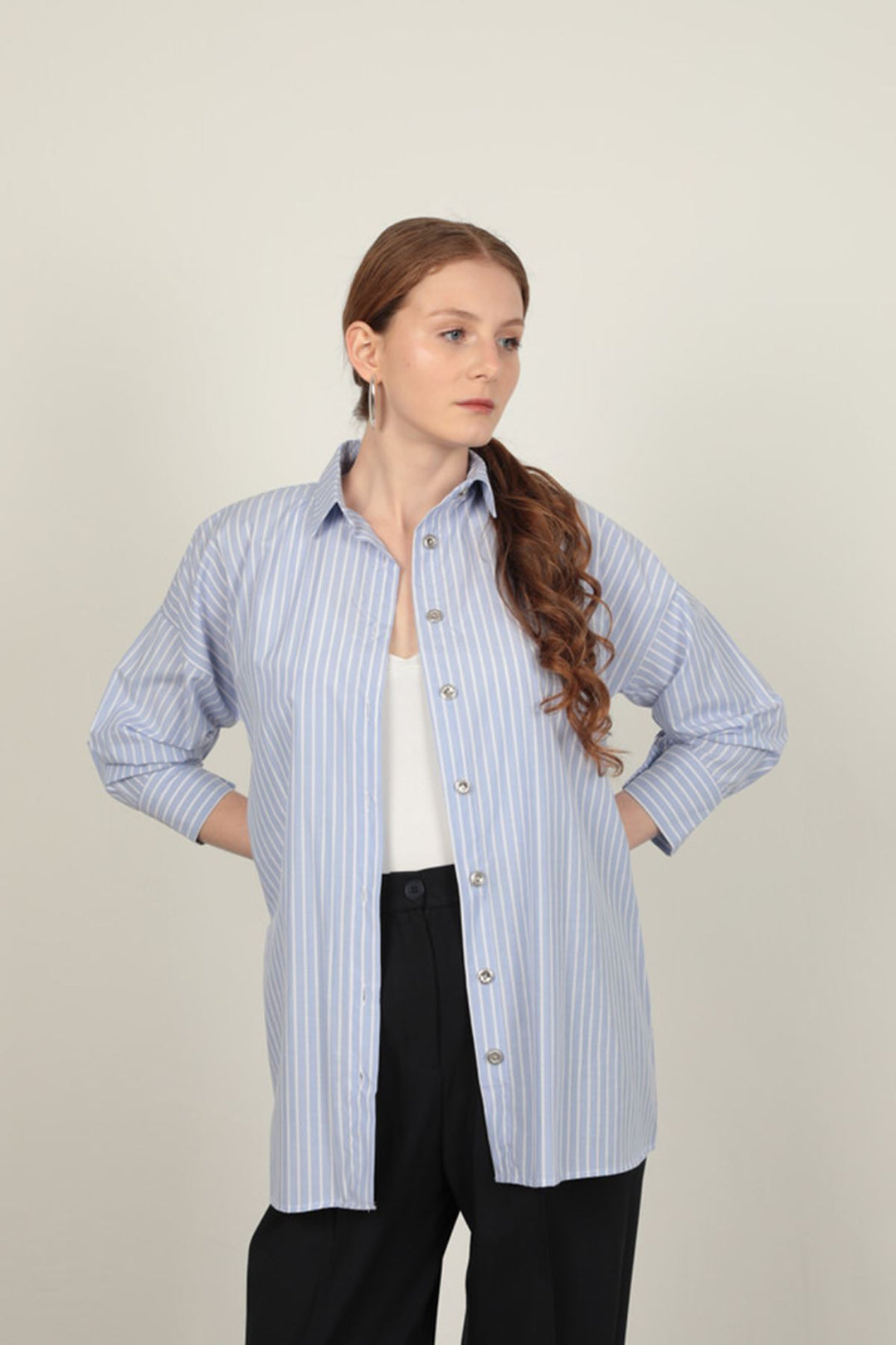 KKT Poplin Fabric Women's Striped Shirt-Blue - Stanton