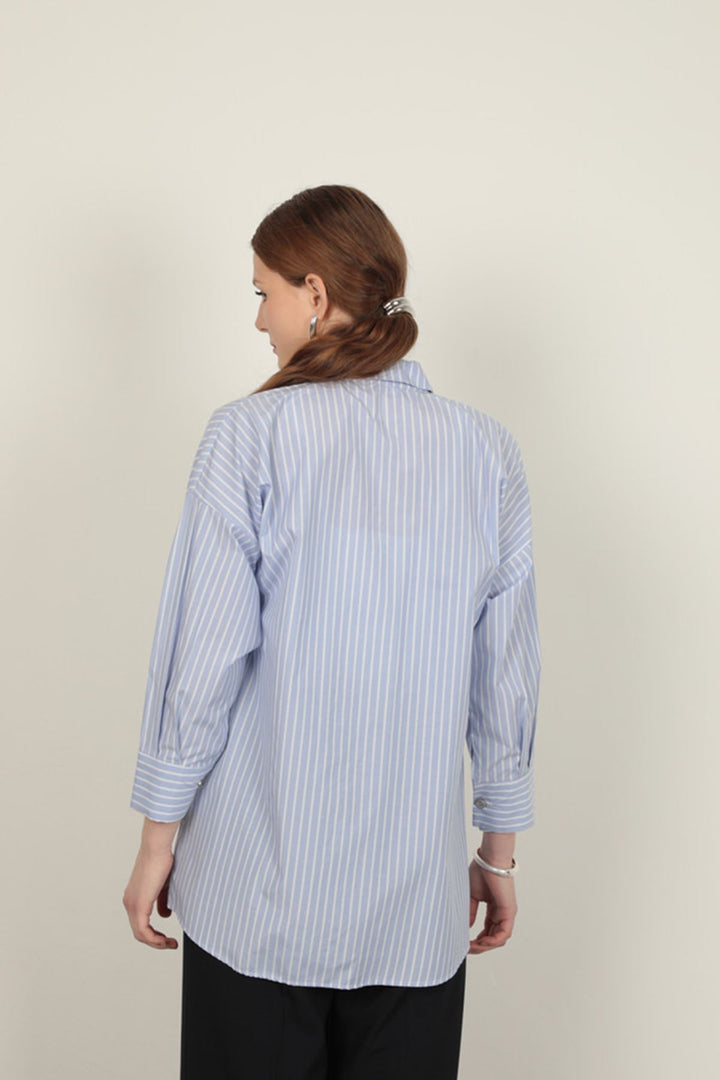 KKT Poplin Fabric Women's Striped Shirt-Blue - Stanton