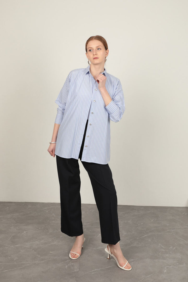 KKT Poplin Fabric Women's Striped Shirt-Blue - Stanton