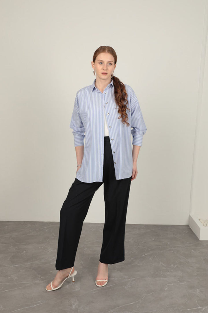 KKT Poplin Fabric Women's Striped Shirt-Blue - Stanton