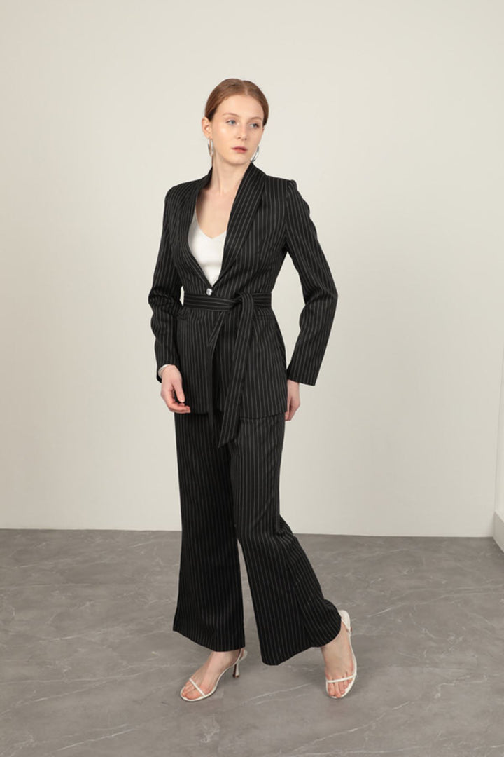 KKT Striped Polyviscon Fabric Women's Suit-Black - Muskogee