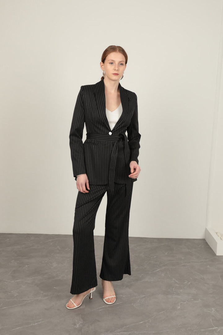 KKT Striped Polyviscon Fabric Women's Suit-Black - Muskogee