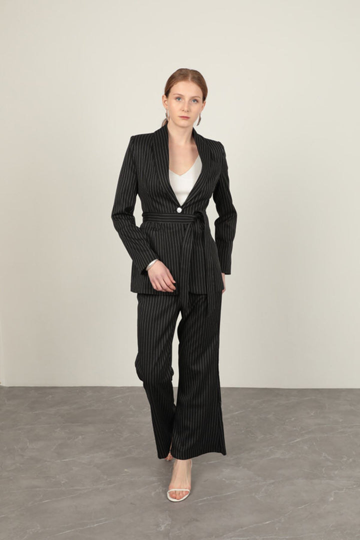 KKT Striped Polyviscon Fabric Women's Suit-Black - Muskogee