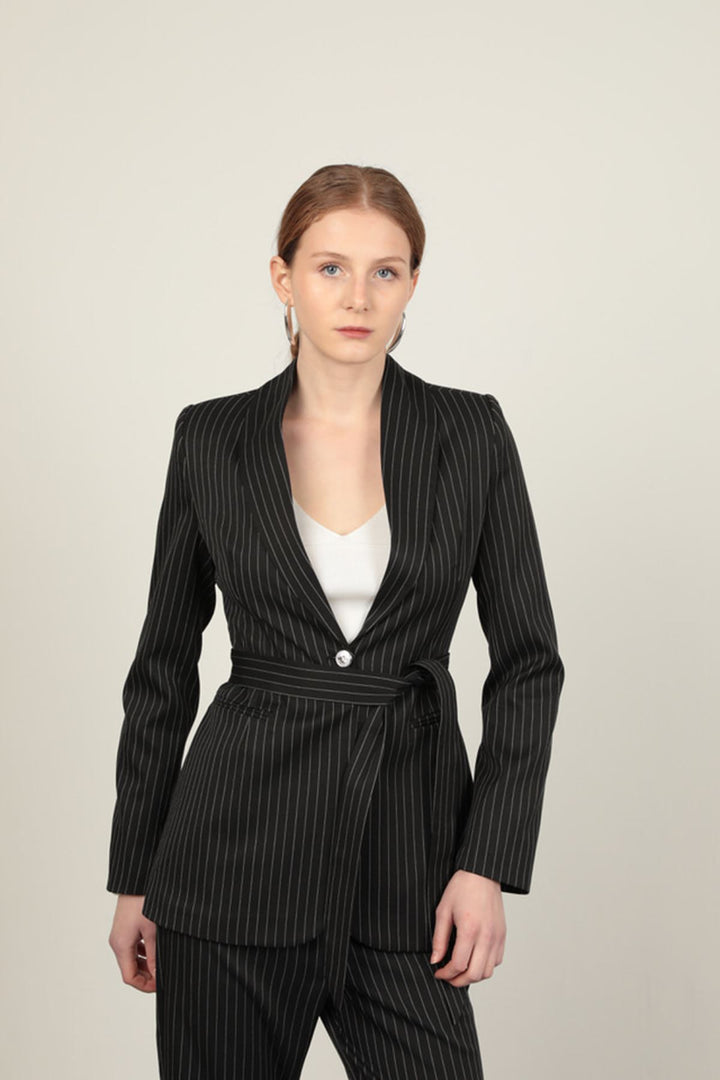 KKT Striped Polyviscon Fabric Women's Suit-Black - Muskogee
