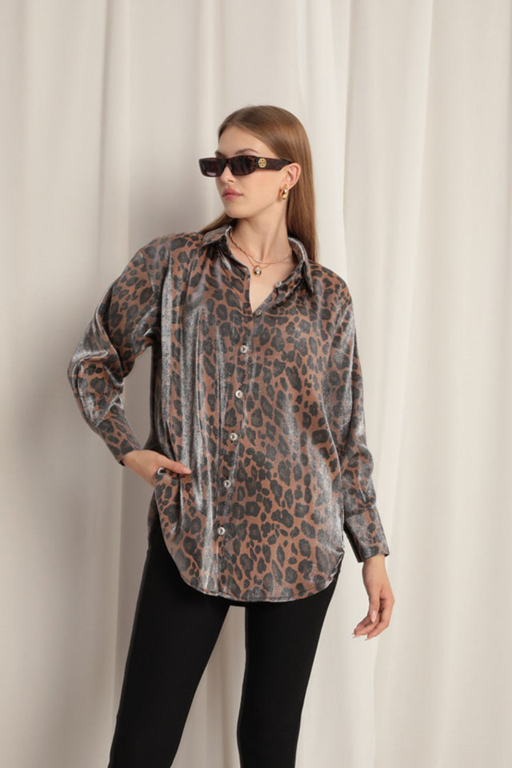 KKT Shiny Fabric Women's Leopard Pattern Shirt-Coffee - Biel/Bienne