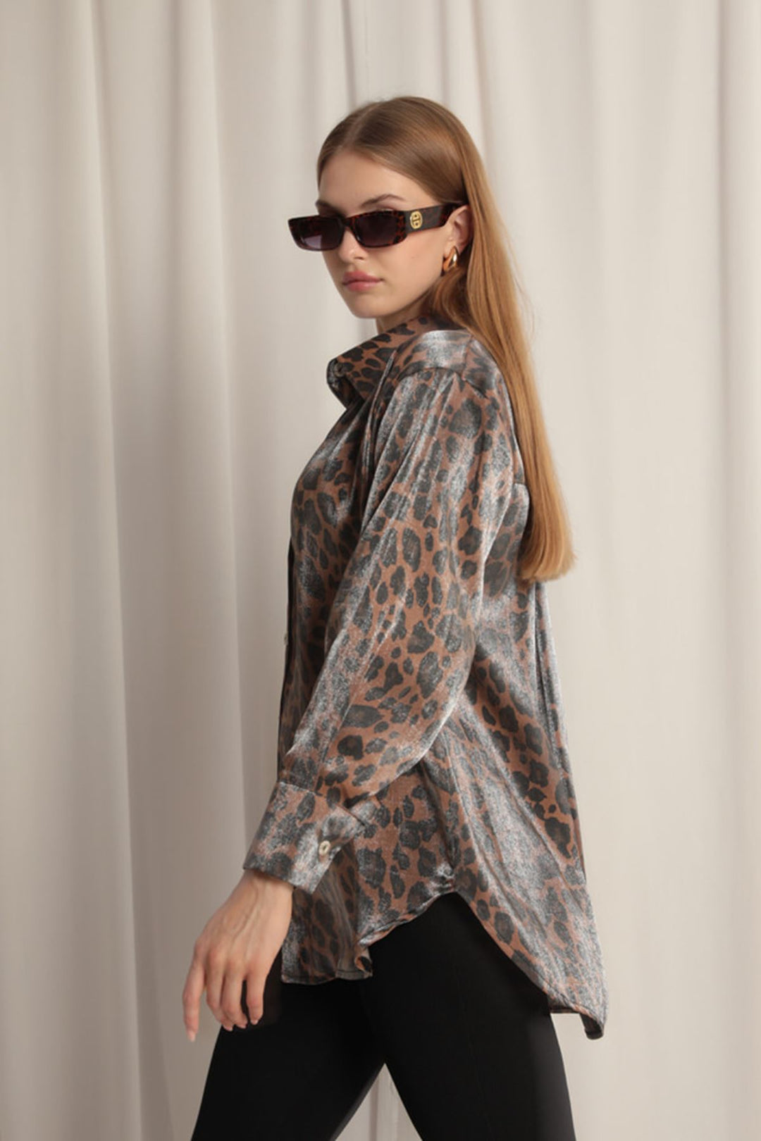 KKT Shiny Fabric Women's Leopard Pattern Shirt-Coffee - Biel/Bienne