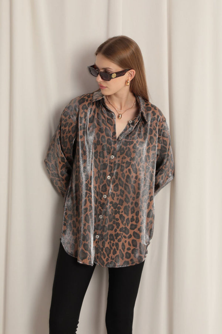 KKT Shiny Fabric Women's Leopard Pattern Shirt-Coffee - Biel/Bienne
