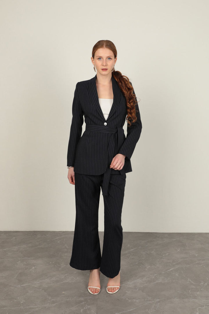 KKT Striped Polyviscon Fabric Women's Suit-Navy Blue - Rueil-Malmaison