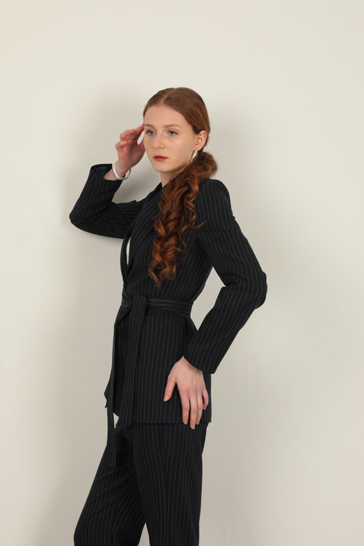 KKT Striped Polyviscon Fabric Women's Suit-Navy Blue - Rueil-Malmaison