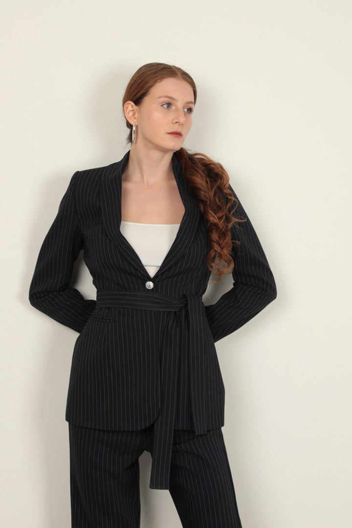 KKT Striped Polyviscon Fabric Women's Suit-Navy Blue - Rueil-Malmaison