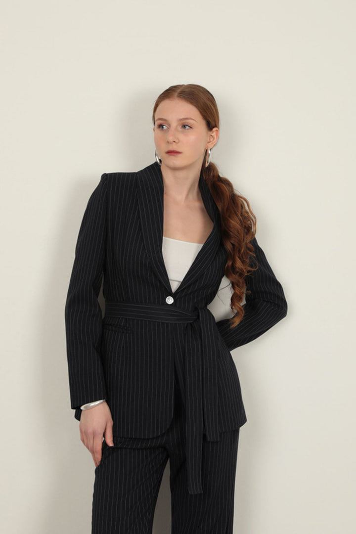 KKT Striped Polyviscon Fabric Women's Suit-Navy Blue - Rueil-Malmaison