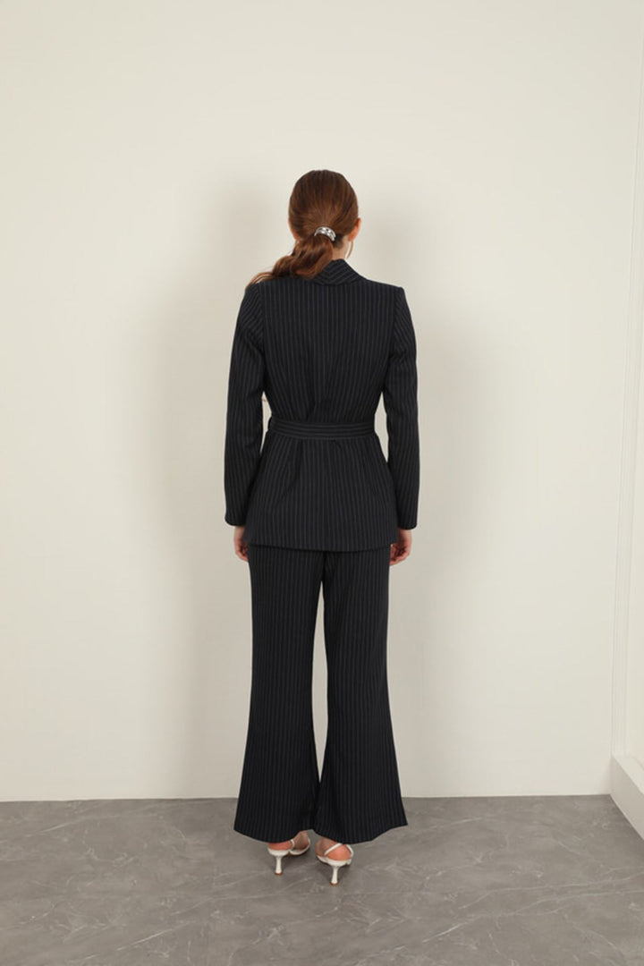 KKT Striped Polyviscon Fabric Women's Suit-Navy Blue - Rueil-Malmaison